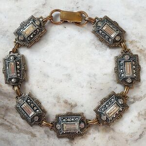 Vintage Art Deco Rhinestone Link Etched Bracelet 7.25”